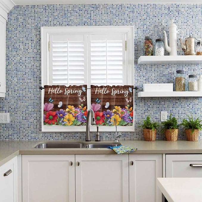 Spring Flowers Half Window Curtain 36 Inches Long, Watercolor Farmhouse Colorful Wooden Grain Window Treatment Curtain Drapes, Small Tier Curtains for Bathroom Over Sink, 27.5"x36", 2 Panels