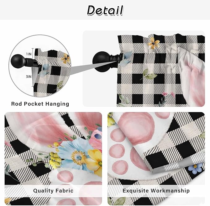 Easter Window Curtains 72 Inch Long 2 Panel Set,Rod Pocket Long Curtains & Drapes,Spring Rabbits Ears Feet Wildflowers Black Plaid Light Filtering Window Treatment for Bedroom Living Room 52"W x 72"L