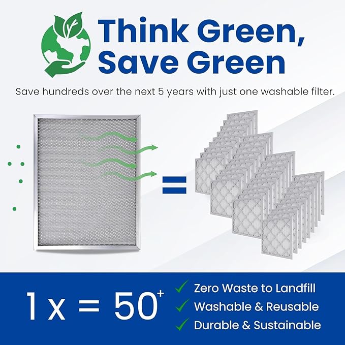 McPherson Reusable Air Filter 14x14x1 | Washable MERV 8 | Made in USA Metal Frame | HVAC AC Furnace | Permanent | Pet Dust Filtration
