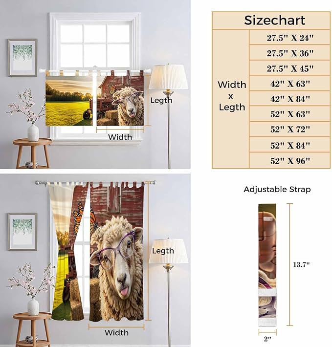 Farm Sheep Kitchen Curtains 45 Inch Length, Short Cafe Window Curtains Tab Top, Farmhouse Barn Funny Animals Butterfly Light Filtering Window Treatments Tier Drapes 27.5"x45" 2 Panel