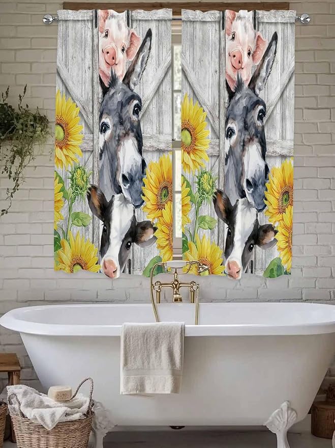Farmhouse Bedroom Curtains 63 Inches length, Watercolor Sunflowers Animals Printed Wood Grain Window Treatment Curtain Drapes, Rod Pocket Curtain Panels for Living Room Kitchen, 42"x63", 2 Panels