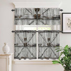 Kitchen Curtains Tiers and Valance Set of 3, Vintage Gate Light Filtering Window Curtain Set, Farmhouse Wooden Grain Shabby Chic Door Rod Pocket Curtain Drapes for Cafe, Living Room, 36 Inches Tiers