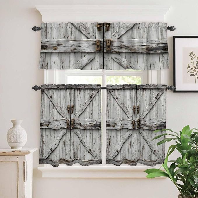 Kitchen Curtains Tiers and Valance Set of 3, Vintage Gate Light Filtering Window Curtain Set, Farmhouse Wooden Grain Shabby Chic Door Rod Pocket Curtain Drapes for Cafe, Living Room, 24 Inches Tiers