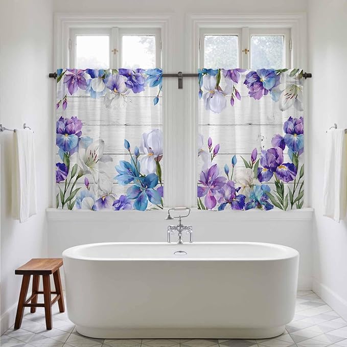 Spring Flowers Kitchen Curtains, Watercolor Garden Florals Wooden Grain Light Filtering Window Curtain Panels, 2Pcs Rod Pocket Window Treatments Set for RV Dining Room Study Room 42x54 Inches