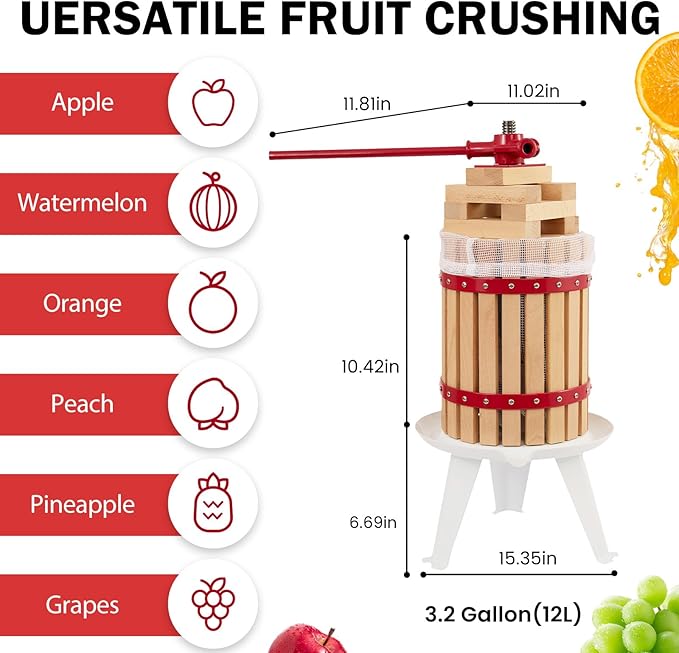 CAELUM Fruit Wine Press,3.2 Gallon Wood Fruit and Cider Press Squeezer With T-Handle, Juice Maker, Wine Making Press Squeezer for Outdoor, Kitchen（Red）