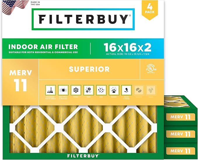 Filterbuy 16x16x2 Air Filter MERV 11 Superior Pet & Allergy Defense (4-Pack), Electrostatic Pleated HVAC AC Furnace Filters Replacement, Made in USA (Actual Size: 15.50 x 15.50 x 1.75)