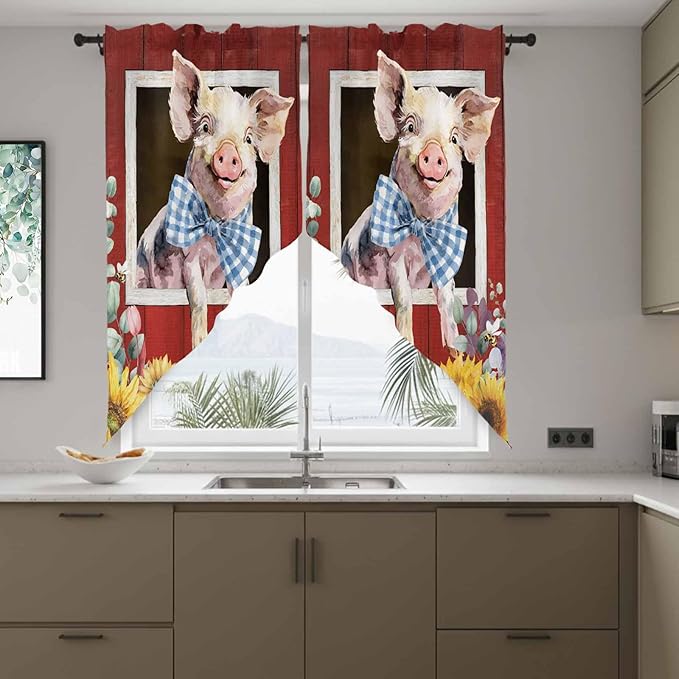 Pig Sunflowers Swag Valances for Windows, Eucalyptus Leaves Floral Bees Red Barn Rod Pocket Kitchen Curtains Valance, Kitchen Window Curtains Swag for Cafe Bathroom Living Room, 2 Panels, 36x63 inch