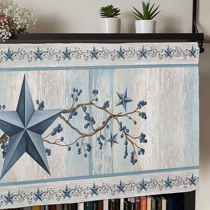 Texas Star Blue Curtain Valances for Windows, Kitchen Valance Window Treatment, Farmhouse Country Branches Wooden Grain Light Filtering Block Curtains for Bathroom/Bedroom/Living Room 54'' x 18''