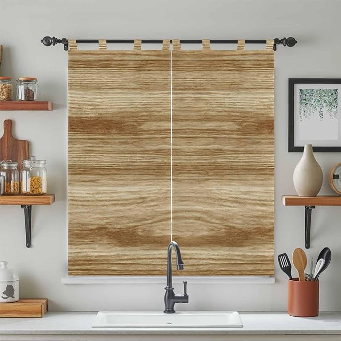 Light Brown Wood Grain Bedroom Curtains 72 Inch Length, Window Curtains Tab Top, Western Farmhouse Barn Door Light Filtering Window Treatments Drapes 52"x72" 2 Panel