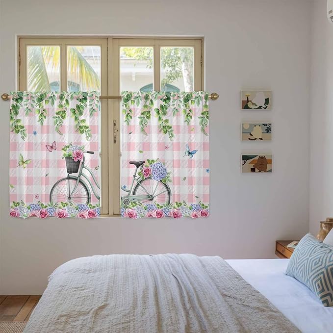 Spring Kitchen Curtains, Bicycles Leaves Butterfly Flowers Pink Buffalo Plaid Light Filtering Window Curtain Panels, 2Pcs Rod Pocket Window Treatments Set for Study Room Bathroom Bedroom 52x54 Inches