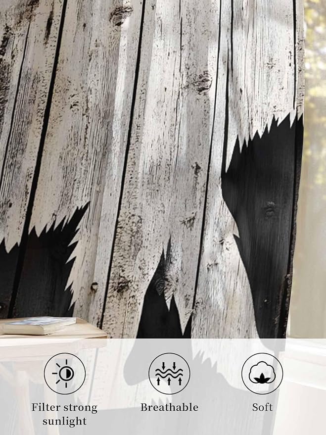 Sheer Curtains 108 Inches Long, White Brown Bear Semi Sheer Curtains Light Filtering Window Treatment, Farmhouse Country Rustic Wooden Grain Privacy Voile Drapes for Living Room Bedroom 52x108 Inch