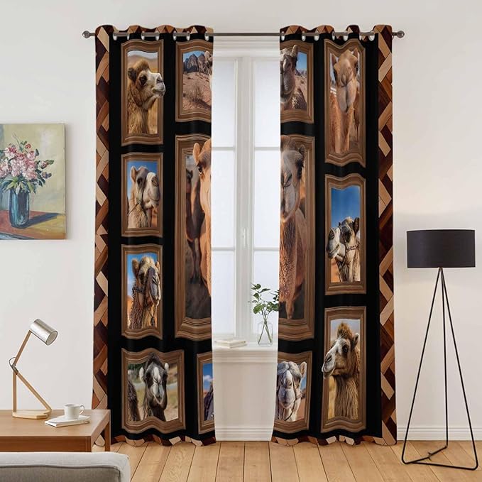 2 Panel Kitchen Cafe Curtains, Desert Camels Sunlight Filtering Nature Air Through, Home Decor Window Covering Tier Curtains for Living Room 104W x 96L inch Brown Wildlife Farmhouse Animals Rustic