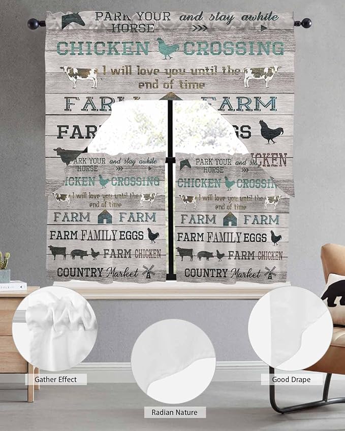 Farmhouse Swag Kitchen Curtains Valance and Tier Set, Green Black Barn Cow Pig Chicken Brown Wood Grain Light-Filtering Swag Valance 24 Inch Length, Rod Pocket Short Curtain for Bedroom Cafe