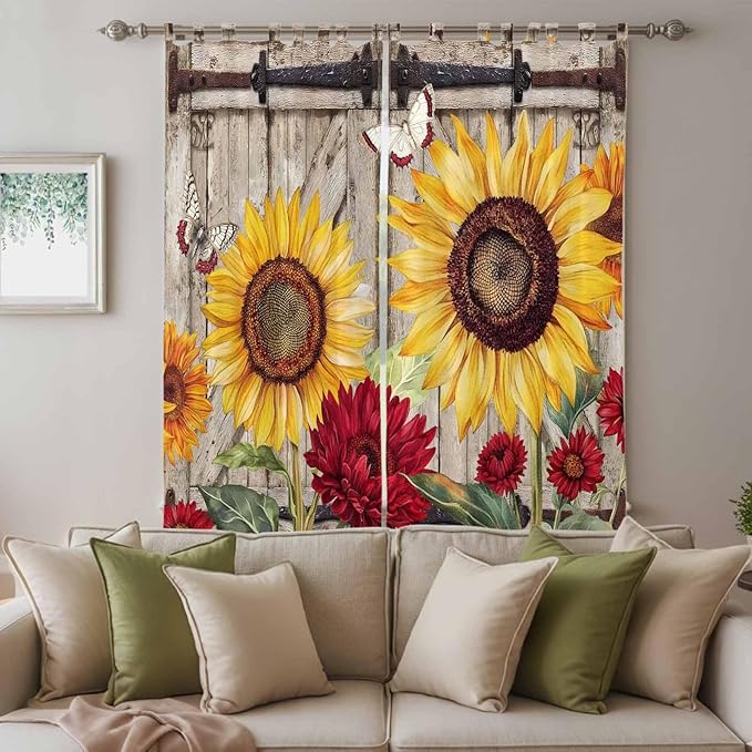 Sunflowers Living Room Curtains 96 Inch Length, Window Curtains Tab Top, Retro Flower Barn Doors Butterfly Farmhouse Brown Light Filtering Window Treatments Drapes 52"x96" 2 Panel