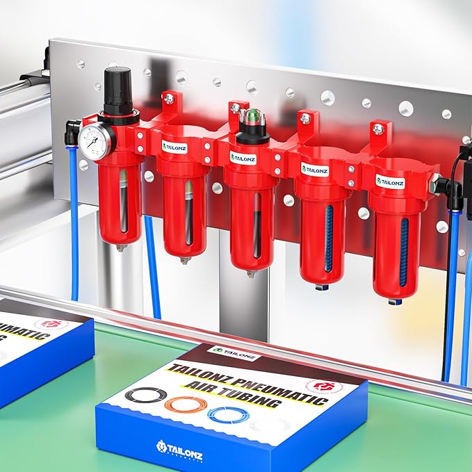 TAILONZ PNEUMATIC 0-150PSI 1/4 Inch NPT Red Industrial Grade 5 Stage Air Drying System, Particulate Filter, Coalescing Filter, Double Desiccant Dryer and Air Regulator (Manual Drainage)