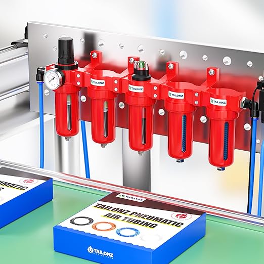 TAILONZ PNEUMATIC 0-150PSI 3/8 Inch NPT Red Industrial Grade 5 Stage Air Drying System, Particulate Filter, Coalescing Filter, Double Desiccant Dryer and Air Regulator (Manual Drainage)