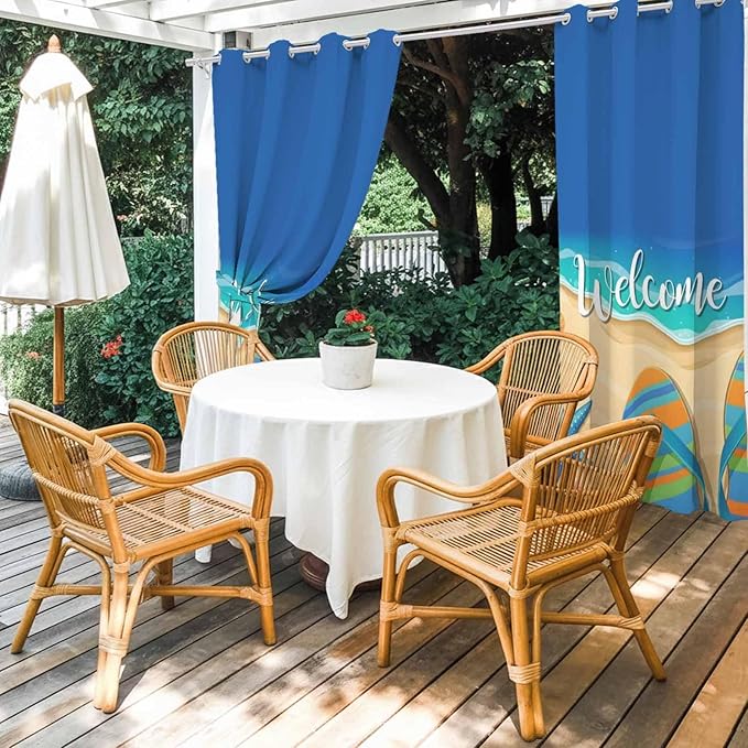 Summer Outdoor Curtains for Patio Beach Slippers Plumeria Waterproof Outside Curtains with Grommet Top Weatherproof Curtain for Cabana Pergola Gazebo, 2 Pack, 54" W x 84" L