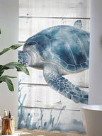 Sheer Curtains 96 Inches Long, Ocean Sea Turtle Semi Sheer Curtains Light Filtering Window Treatment, Coastal Seaweed Vintage Wood Grain Privacy Voile Drapes for Living Room Bedroom 52x96 Inch