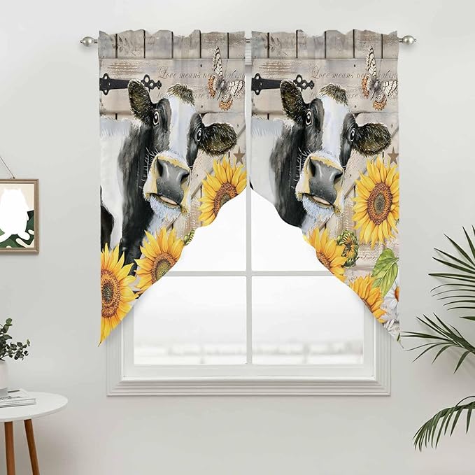 Yellow Sunflowers Swag Valances for Windows, Farmhouse Cow Barn Doors Floral Butterfly Rod Pocket Kitchen Curtains Valance, Small Window Curtains Swag for Cafe Living Room, 2 Panels, 36x36 inch