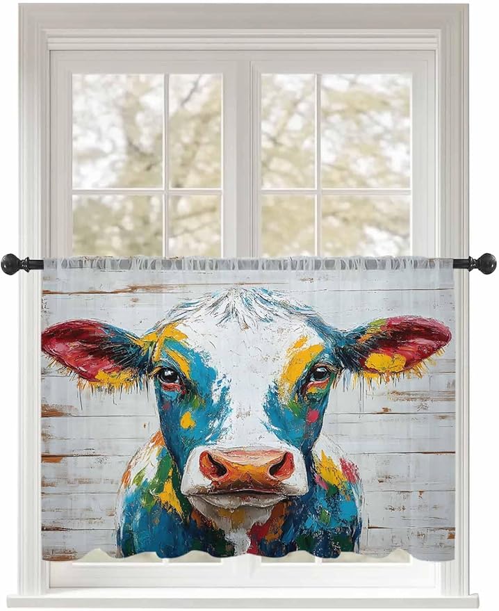 Sheer Curtains 45 Inch Length, Rustic Cow Semi Sheer Curtains Light Filtering Window Treatment, Vintage Colorful Animals Art Wooden Grain Privacy Voile Drapes for Living Room Bedroom 52x45 Inch