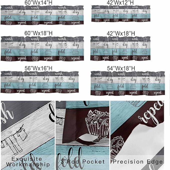 Laundry Rules Valances for Windows, Retro Blue White Wood Board Grain Kitchen Valance Light Filtering Rod Pocket Short Curtains for Kitchen Bathroom, 1 Panel, 42"x18"