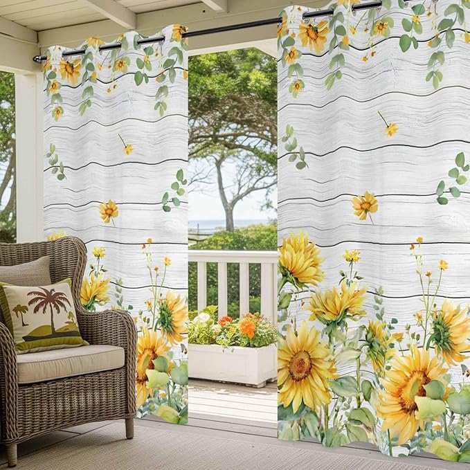Sunflowers Outdoor Curtains for Patio Summer Floral Eucalyptus Leaf Wood Plank Waterproof Outside Curtains with Grommet Top Weatherproof Curtain for Cabana Pergola Gazebo, 1 Panel, 54" W x 108" L