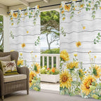 Sunflowers Outdoor Curtains for Patio Summer Floral Eucalyptus Leaf Wood Plank Waterproof Outside Curtains with Grommet Top Weatherproof Curtain for Cabana Pergola Gazebo, 1 Panel, 54" W x 95" L