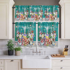 Spring Flowers Kitchen Curtain Set, Farmhouse Watercolor Teal Wood Grain Window Valance and Tiers 36" Length, Light Filtering Short Curtains Valance for Cafe Bathroom Bedroom 54"x18"