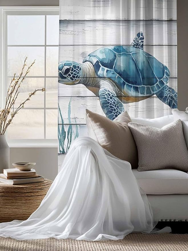 Sheer Curtains 63 Inch Length, Sea Turtle Blue Semi Sheer Curtains Light Filtering Window Treatment, Coastal Ocean Seaweed Wood Grain Privacy Voile Drapes for Living Room Bedroom 52x63 Inch