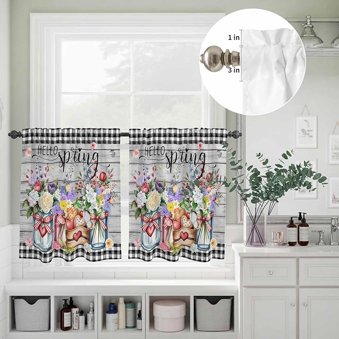 Spring Flowers Kitchen Curtains Set 3 Piece for Windows, Rod Pocket Valance and Tier Set 24 Inch Length, Farmhouse Black Plaid Wood Grain Light Filtering Cafe Curtains for Living Room Bathroom