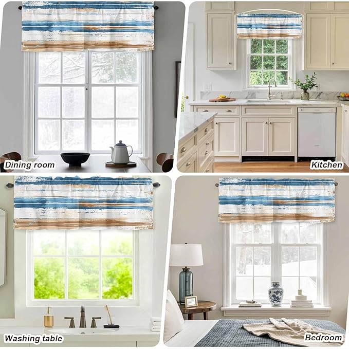 Vintage Blue Valances for Windows, Brown Wood Grain Mottled Texture Abstract Art Kitchen Valance Light Filtering Rod Pocket Short Curtains for Kitchen Bathroom, 1 Panel, 60"x14"