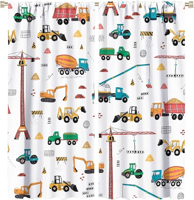 Construction Window Curtains, Kids Cartoon Construction Machines Building Hand Drawn Doodle Rod Pocket Decorative Windows Curtain for Children Teens Room Decor 63x72in (30% Blackout)