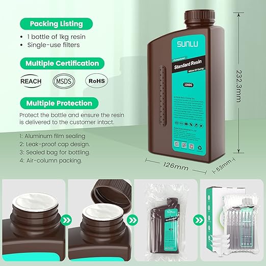 SUNLU 2000g Standard Resin for 3D Printer, Fast-Curing Photopolymer Resin for LCD/DLP/SLA Printers, 395-405nm UV, Low Shrinkage and High Precision, 2KG White