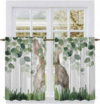 Easter Tier Curtains, Country Rabbit Botanical Leaves Wooden Grain Light Filtering Kitchen Curtains, 2Pcs Rod Pocket Half Window Treatments Panels for Sink Cafe Cabinet Basement 27.5x45 Inches