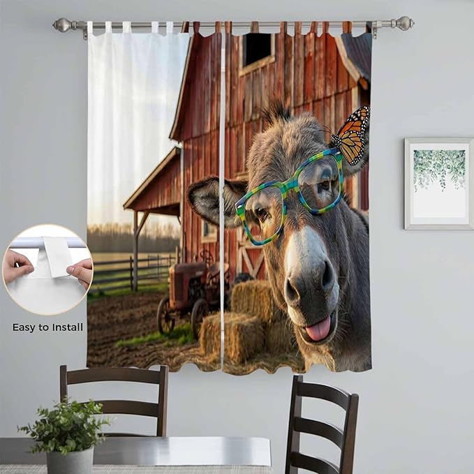 Farm Donkeys Living Room Curtains 96 Inch Length, Window Curtains Tab Top, Farmhouse Barn Funny Animals Butterfly Light Filtering Window Treatments Drapes 52"x96" 2 Panel