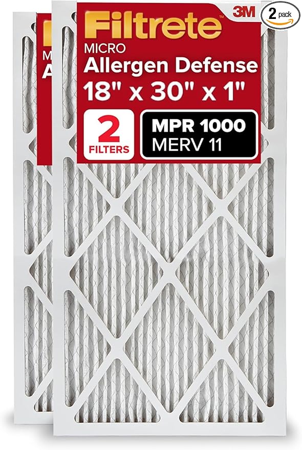 Filtrete 18x30x1 AC Furnace Air Filter, MERV 11, MPR 1000, Micro Allergen Defense, 3-Month Pleated 1-Inch Electrostatic Air Cleaning Filter, 2 Pack (Actual Size 17.81 x 29.81 x 0.81 in)