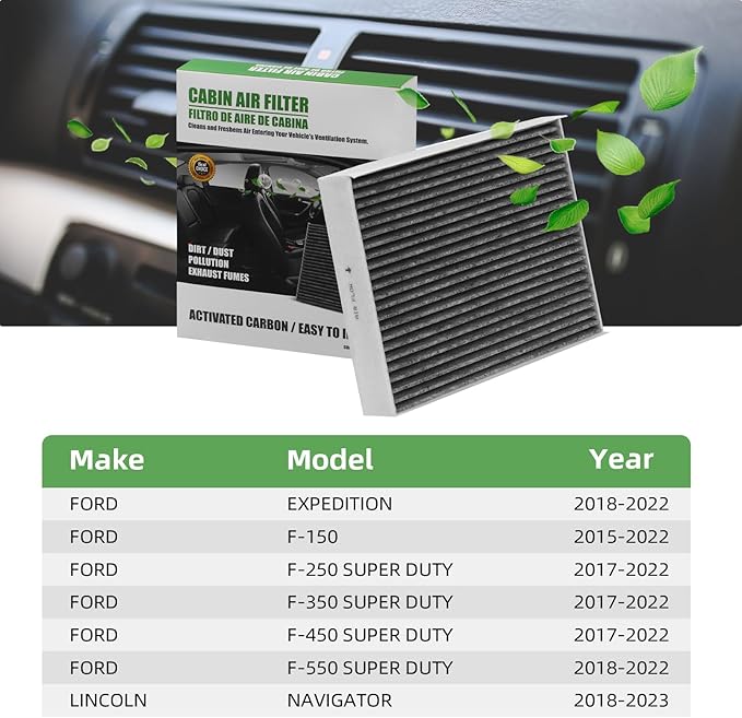 CF12150 Cabin Air Filter With Activated Carbon Compatible with 2015 2016 2017 2018 2019 2020 2021 2022 F150 Accessories 2017-2022 F250 F350 Super Duty Expedition Lincoln Navigator Air Filters (2Pack)