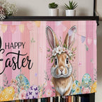 Easter Curtain Valances for Windows, Kitchen Valance Window Treatment, Spring Rabbit Eggs Flowers Flags Leaves Wood Grain Light Filtering Block Curtains for Bathroom/Bedroom/Living Room 42'' x 12''