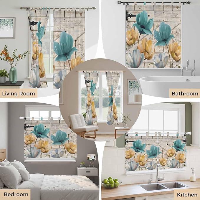 Watercolor Flowers Kitchen Curtains 36 Inch Length, Small Window Curtains Tab Top, Vintage Tulips Floral Barn Doors Wood Grain Light Filtering Short Window Treatments Tier Drapes 27.5"x36" 2 Panel