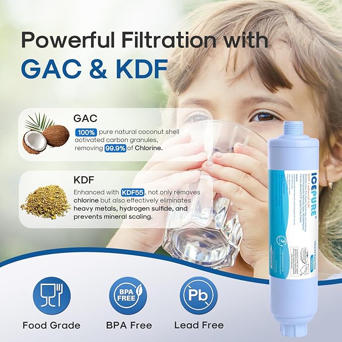 ICEPURE Inline Water Filter for Hose on RV Garden Pool Camper Marine Boat for Drinking, Car Washing, Gardening, Planting, Spa, Reduces Chlorine, Bad Taste, Odors, with 1 flexible hose protector, 1PACK