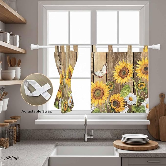 Farmhouse Sunflowers Kitchen Curtains 36 Inch Length, Small Window Curtains Tab Top, Rustic Floral Buttterfly Wood Board Brown Light Filtering Short Window Treatments Tier Drapes 27.5"x36" 2 Panel