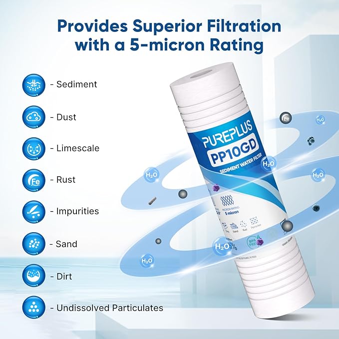 PUREPLUS 5 Micron 10" x 2.5" Whole House Grooved Sediment Home Water Filter, Replacement Cartridge for Any 10 inch RO Unit, AO-WH-PREV-R2, AP110, WHKF-G05, AB-SGR5M, GXWH20S, WFPFC5002, CFS10, 3Pack