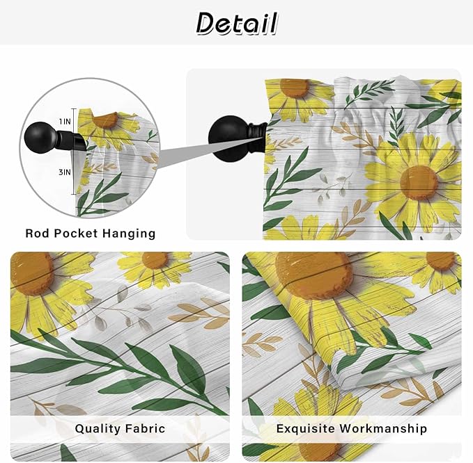 Yellow Daisy Tier Curtains, Farmhouse Country Flower Leaf Plant Wood Grain Light Filtering Kitchen Curtains, 2Pcs Rod Pocket Half Window Treatments Panels for Sink Cafe Cabinet Camper 27.5x36 Inches