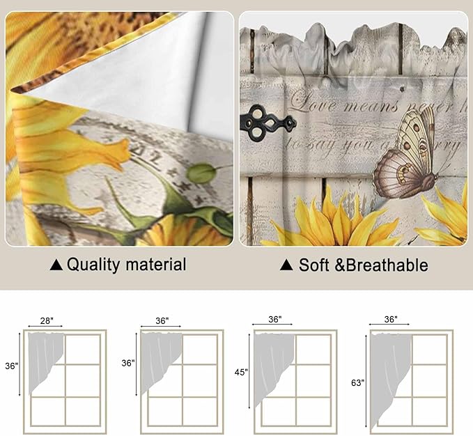 Farm Flowers Swag Valances for Windows, Retro Sunflowers Barn Doors Butterfly Wood Board Rod Pocket Kitchen Curtains Valance, Kitchen Window Curtains Swag for Cafe Living Room, 2 Panels, 36x45 inch