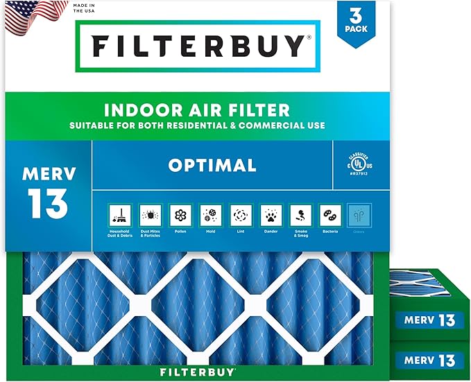 Filterbuy 18x18x2 Air Filter MERV 13 Optimal Smoke & Allergy Defense (3-Pack), Electrostatic Pleated HVAC AC Furnace Filters Replacement, Made in USA (Actual Size: 17.75 x 17.75 x 1.75)