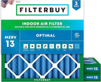 Filterbuy 16x16x2 Air Filter MERV 13 Optimal Smoke & Allergy Defense (3-Pack), Electrostatic Pleated HVAC AC Furnace Filters Replacement, Made in USA (Actual Size: 15.50 x 15.50 x 1.75)