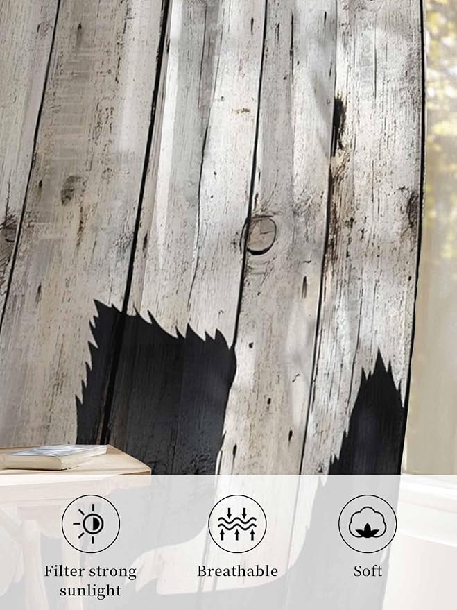 Sheer Curtains 45 Inch Length, White Brown Bear Semi Sheer Curtains Light Filtering Window Treatment, Rustic Counrty Vintage Wood Grain Privacy Voile Drapes for Living Room Bedroom 52x45 Inch