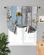 Tie Up Curtains for Windows, Blue Grey Wooden Adjustable Balloon Nature Linen Textured Kitchen Curtain, Farmhouse Barn Sunflowers Retro Thermal Insulated Curtains for Window, 42" x 54"