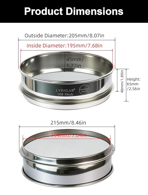 All 304 Stainless Steel 100 Mesh Test Sieve (0.15mm Aperture), 8 Inch/20cm Diameter, Fine Flour Sifter & Filter, Lab Analysis Screen for Cement, Coatings, Fillers & Fine Dust Separation