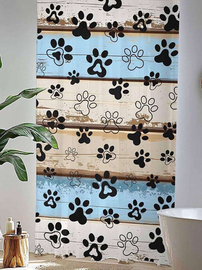 Sheer Curtains 96 Inches Long, Blue Brown Paw Prints Semi Sheer Curtains Light Filtering Window Treatment, Vintage Farmhouse Rustic Wooden Grain Privacy Voile Drapes for Living Room Bedroom 52x96 Inch